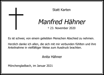 Traueranzeige von Manfred Hähner von Rheinische Post