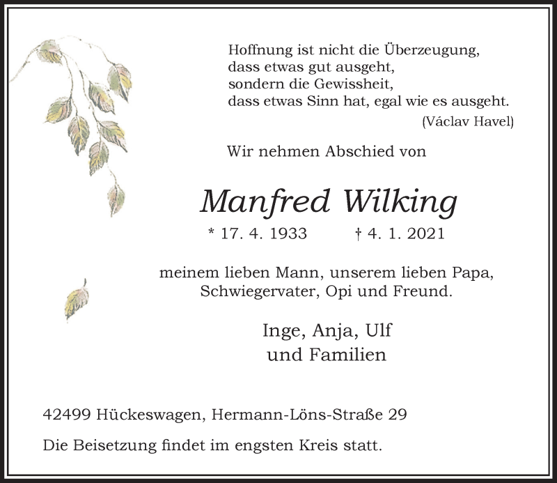  Traueranzeige für Manfred Wilking vom 09.01.2021 aus Rheinische Post