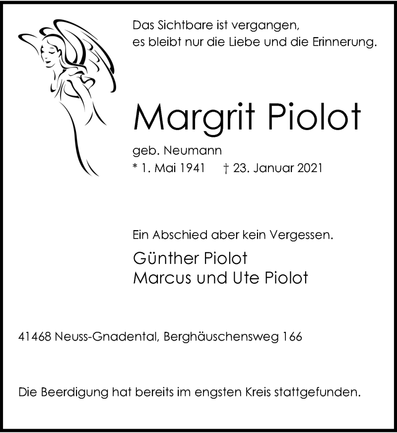  Traueranzeige für Margrit Piolot vom 30.01.2021 aus Rheinische Post