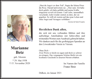 Traueranzeige von Marianne Betz von Rheinische Post