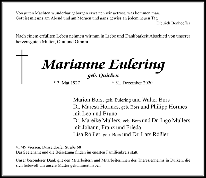  Traueranzeige für Marianne Eulering vom 09.01.2021 aus Rheinische Post