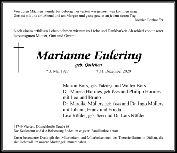 Traueranzeige von Marianne Eulering von Rheinische Post