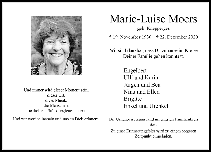  Traueranzeige für Marie-Luise Moers vom 09.01.2021 aus Rheinische Post