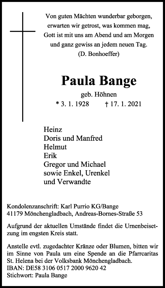  Traueranzeige für Paula Bange vom 23.01.2021 aus Rheinische Post