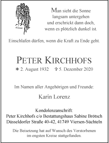 Traueranzeige von Peter Kirchhofs von Rheinische Post