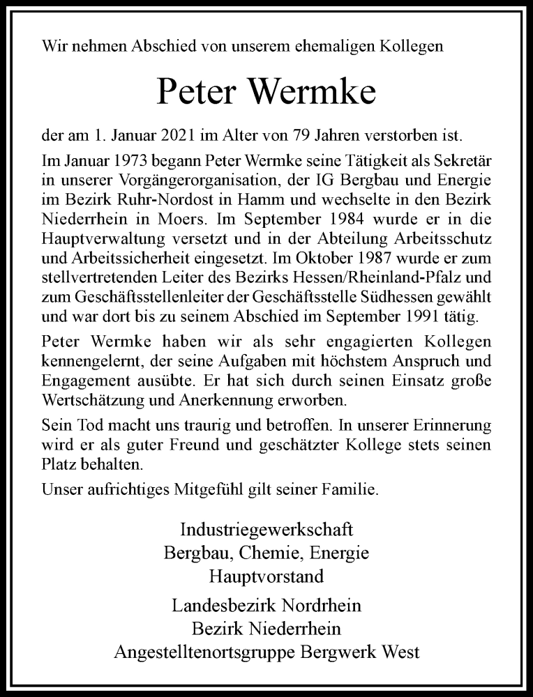  Traueranzeige für Peter Wermke vom 16.01.2021 aus Rheinische Post