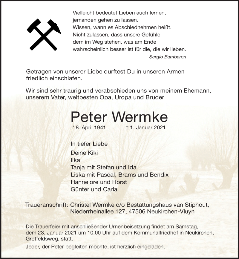  Traueranzeige für Peter Wermke vom 16.01.2021 aus Rheinische Post