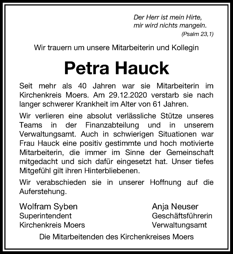  Traueranzeige für Petra Hauck vom 15.01.2021 aus Rheinische Post