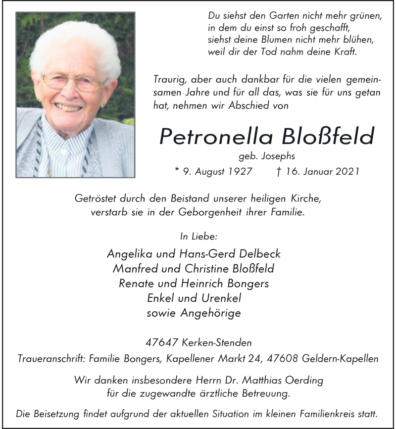  Traueranzeige für Petronella Bloßfeld vom 22.01.2021 aus Rheinische Post