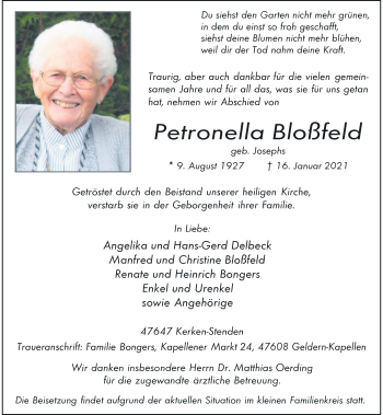 Traueranzeige von Petronella Bloßfeld von Rheinische Post
