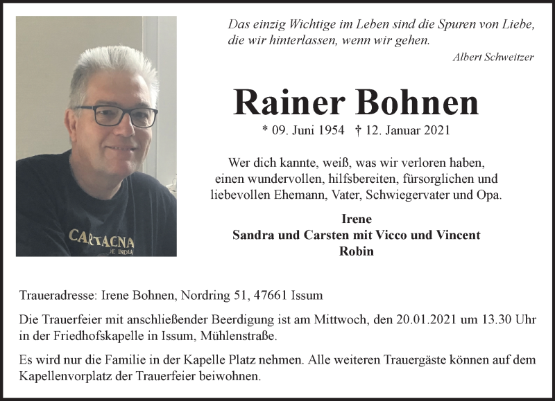  Traueranzeige für Rainer Bohnen vom 16.01.2021 aus Rheinische Post