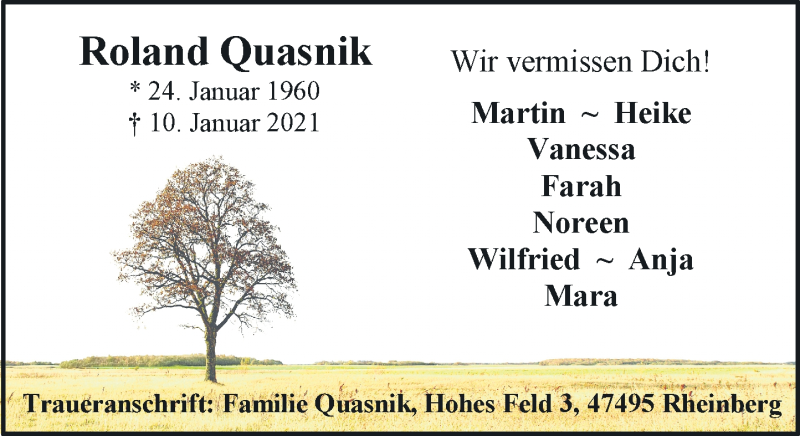  Traueranzeige für Roland Quasnik vom 21.01.2021 aus Rheinische Post