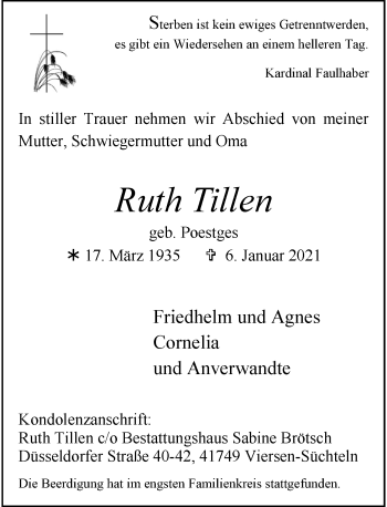 Traueranzeige von Ruth Tillen von Rheinische Post
