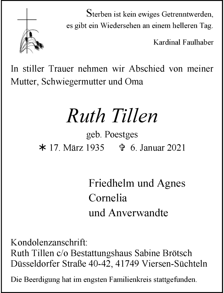  Traueranzeige für Ruth Tillen vom 16.01.2021 aus Rheinische Post
