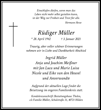 Traueranzeige von Rüdiger Müller von Rheinische Post