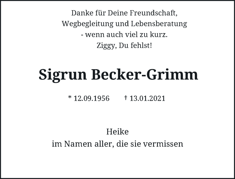  Traueranzeige für Sigrun Becker-Grimm vom 23.01.2021 aus Rheinische Post