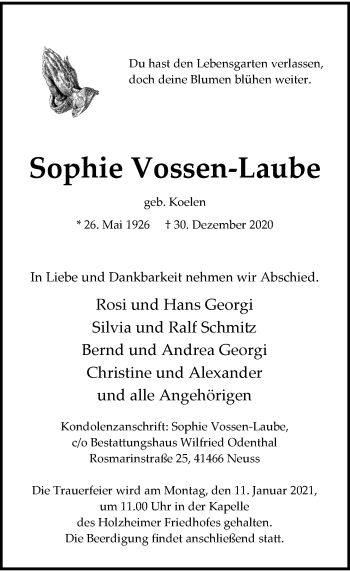 Traueranzeige von Sophie Vossen-Laube von Rheinische Post