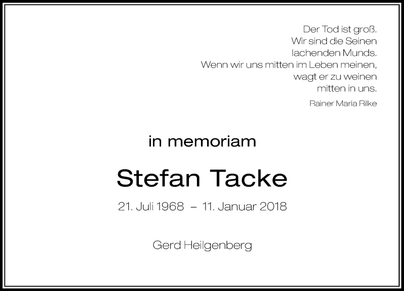  Traueranzeige für Stefan Tacke vom 16.01.2021 aus Rheinische Post