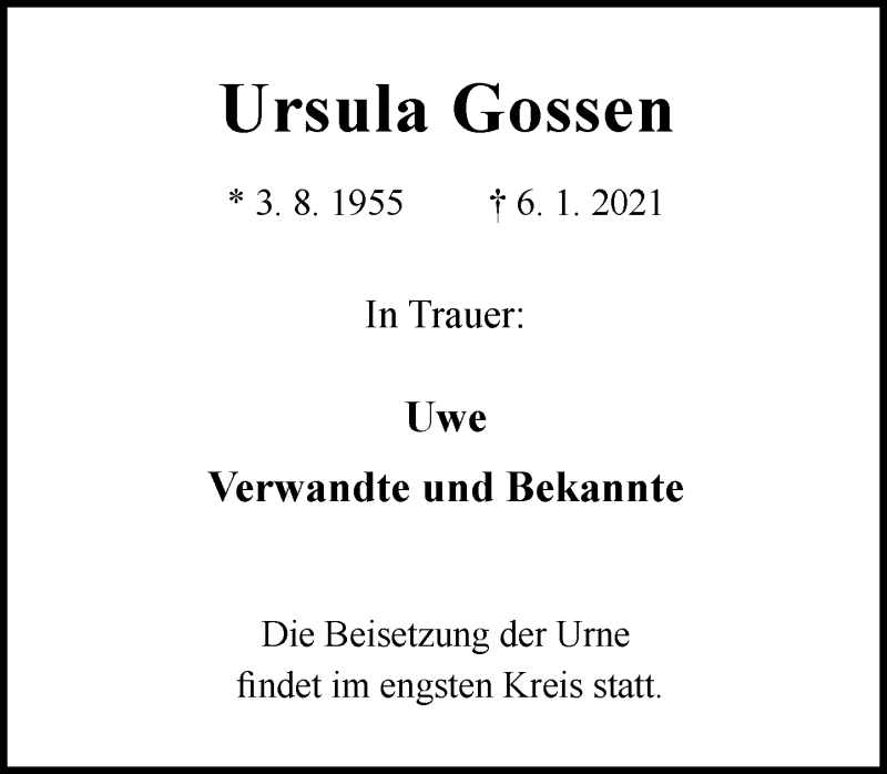 Traueranzeige für Ursula Gossen vom 15.01.2021 aus Rheinische Post