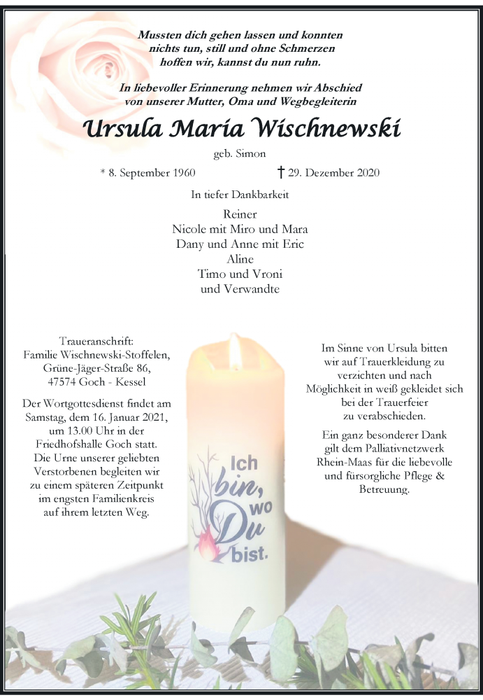  Traueranzeige für Ursula Maria Wischnewski vom 09.01.2021 aus Rheinische Post