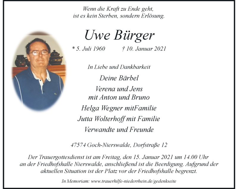  Traueranzeige für Uwe Bürger vom 13.01.2021 aus Rheinische Post