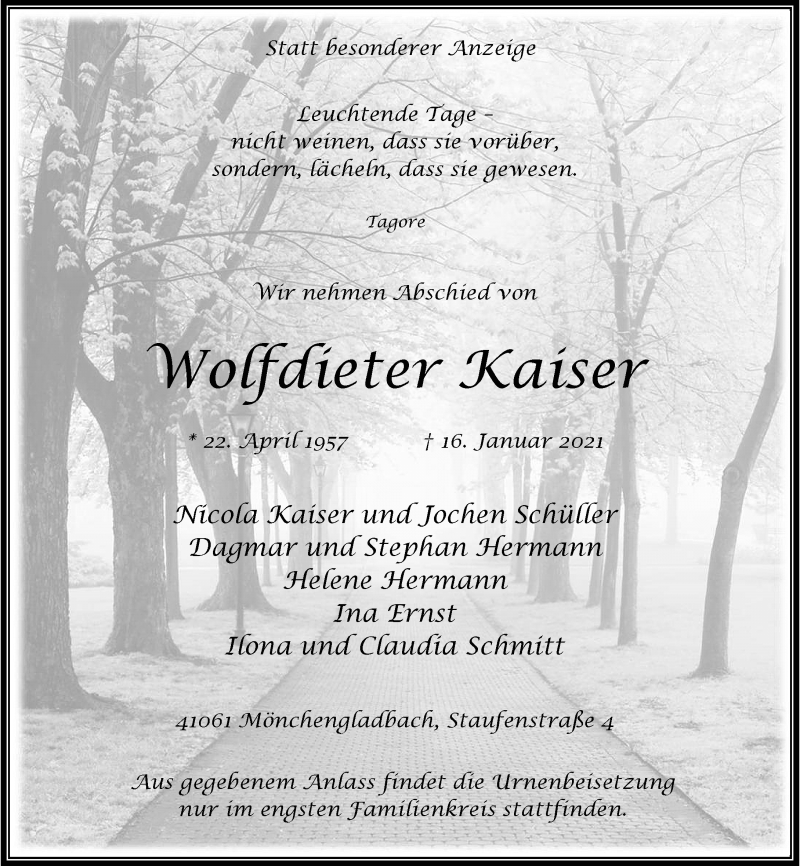  Traueranzeige für Wolfdieter Kaiser vom 23.01.2021 aus Rheinische Post