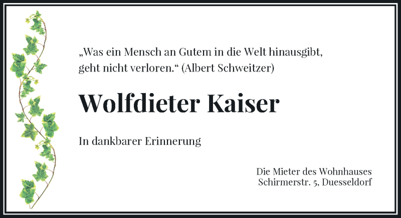 Traueranzeige für Wolfdieter Kaiser vom 23.01.2021 aus Rheinische Post