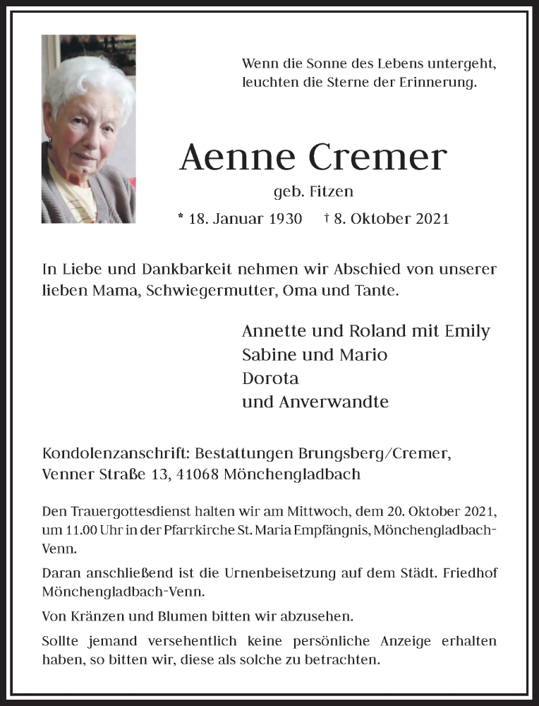  Traueranzeige für Aenne Cremer vom 16.10.2021 aus Rheinische Post