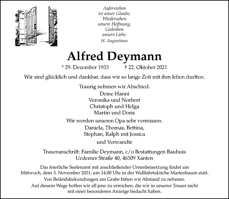  Traueranzeige für Alfred Deymann vom 30.10.2021 aus Rheinische Post
