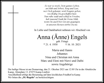 Traueranzeige von Anna Engels von Rheinische Post