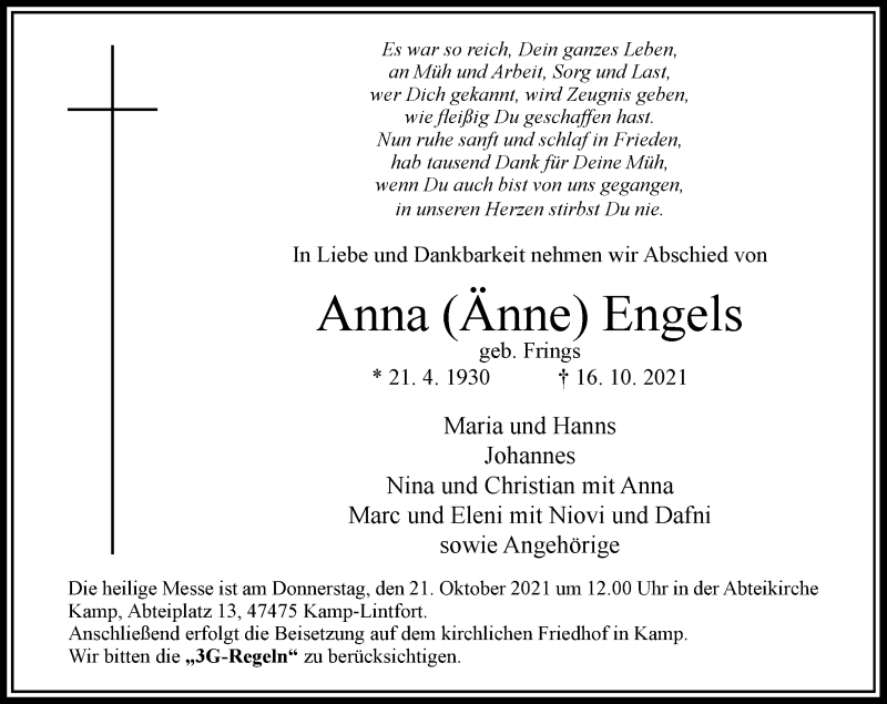 Traueranzeige für Anna Engels vom 19.10.2021 aus Rheinische Post