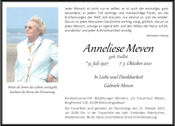 Traueranzeige von Anneliese Meven von Rheinische Post