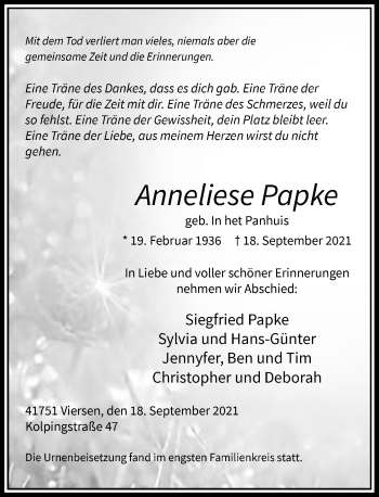 Traueranzeige von Anneliese Papke von Rheinische Post