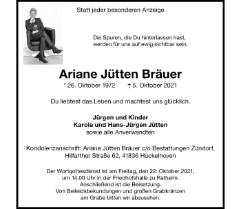 Traueranzeige von Ariane Jütten Bräuer von Rheinische Post