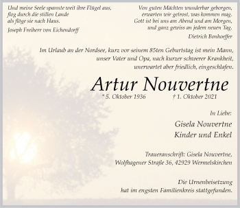 Traueranzeige von Artur Nouvertne von Rheinische Post