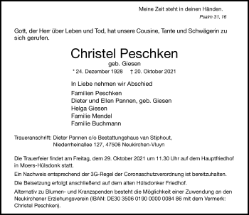 Traueranzeige von Christel Peschken von Rheinische Post
