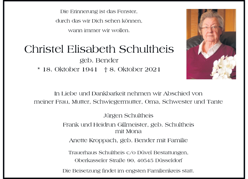  Traueranzeige für Christel Elisabeth Schultheis vom 16.10.2021 aus Rheinische Post