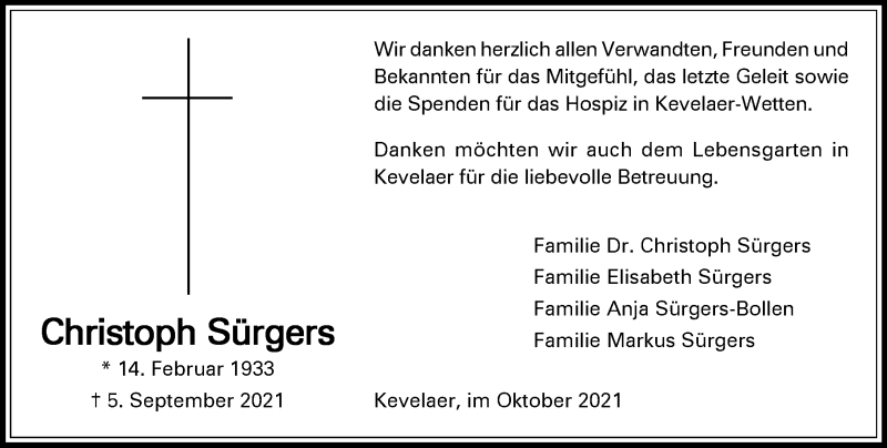  Traueranzeige für Christoph Sürgers vom 30.10.2021 aus Rheinische Post