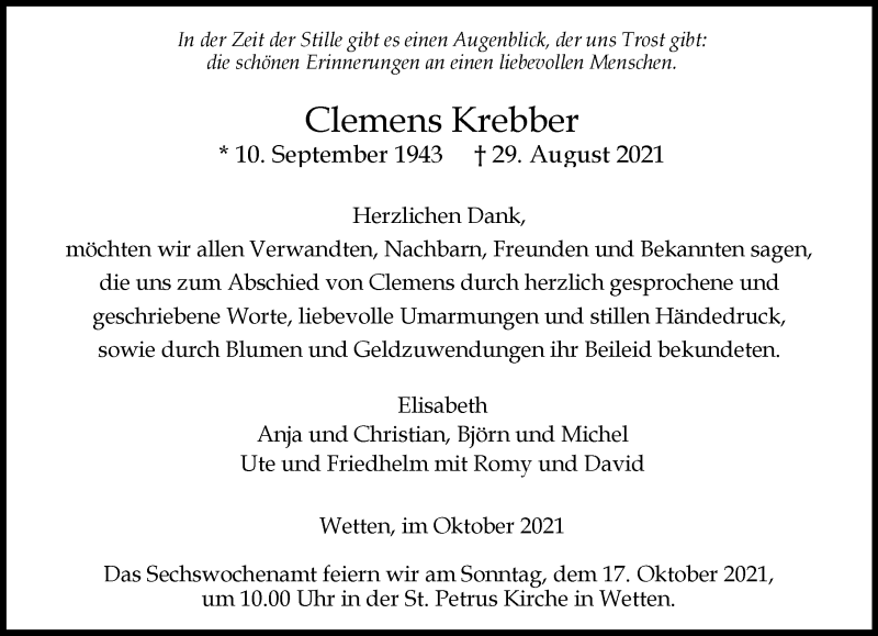  Traueranzeige für Clemens Krebber vom 09.10.2021 aus Rheinische Post