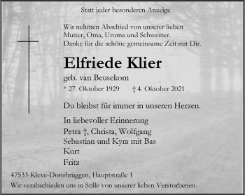 Traueranzeige von Elfriede Klier von Rheinische Post