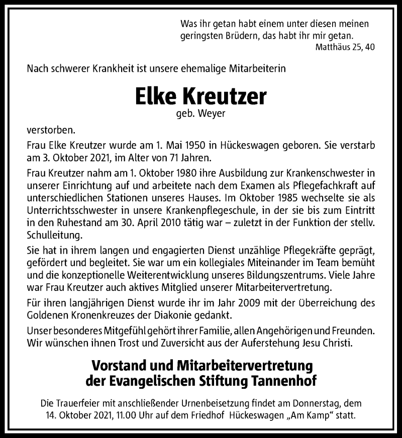  Traueranzeige für Elke Kreutzer vom 09.10.2021 aus Rheinische Post