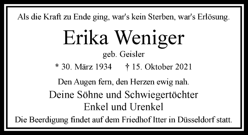  Traueranzeige für Erika Weniger vom 23.10.2021 aus Rheinische Post