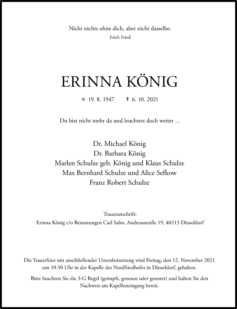  Traueranzeige für Erinna König vom 16.10.2021 aus Rheinische Post