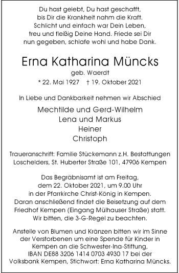 Traueranzeige von Erna Katharina Müncks von Rheinische Post