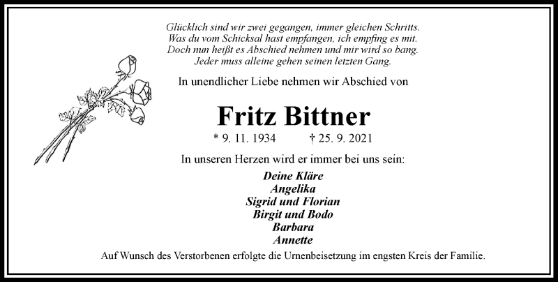  Traueranzeige für Fritz Bittner vom 16.10.2021 aus Rheinische Post