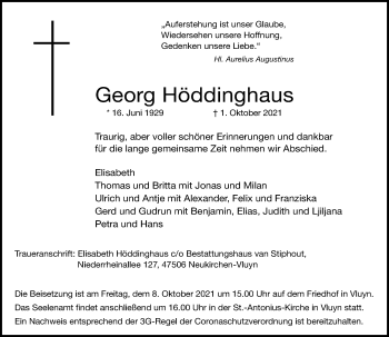 Traueranzeige von Georg Höddinghaus von Rheinische Post