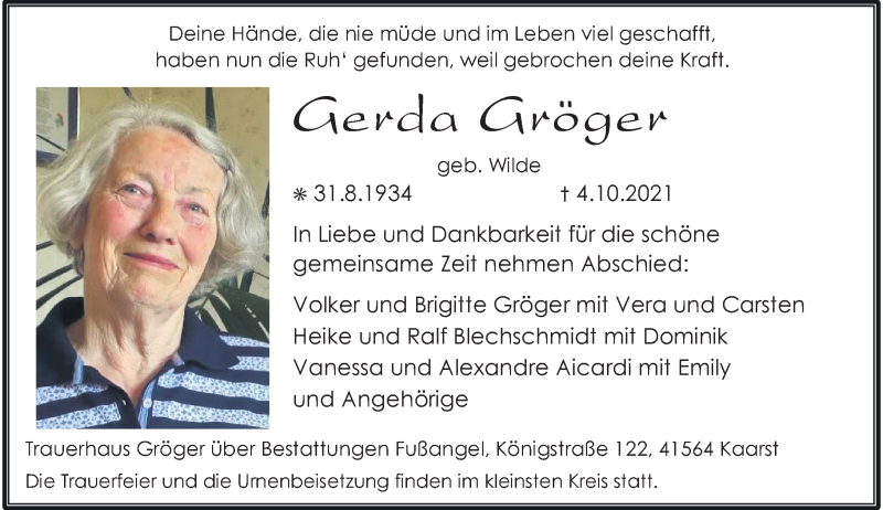  Traueranzeige für Gerda Gröger vom 16.10.2021 aus Rheinische Post