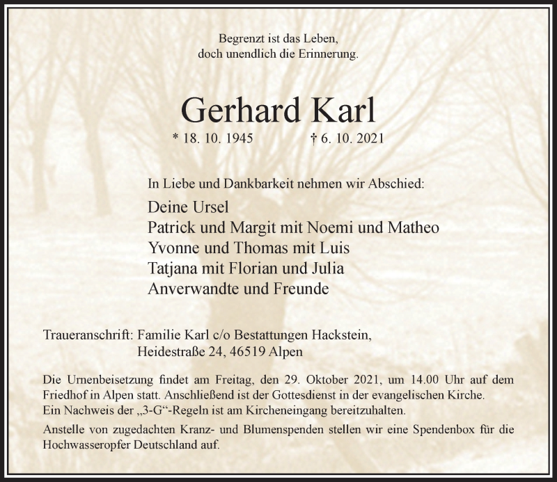  Traueranzeige für Gerhard Karl vom 16.10.2021 aus Rheinische Post