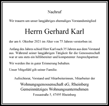 Traueranzeige von Gerhard Karl von Rheinische Post