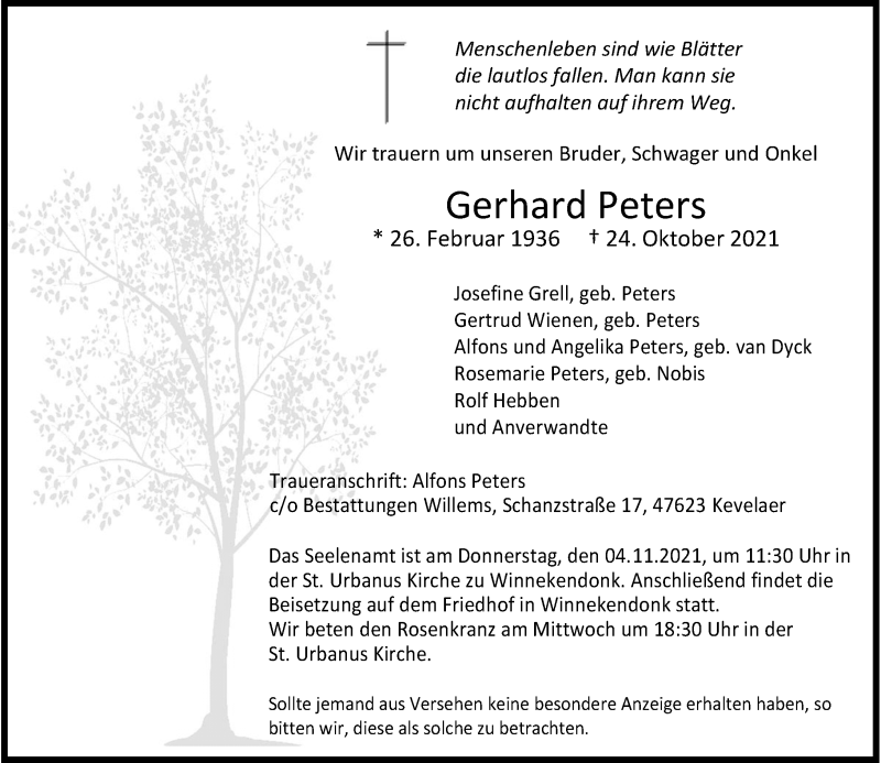  Traueranzeige für Gerhard Peters vom 30.10.2021 aus Rheinische Post